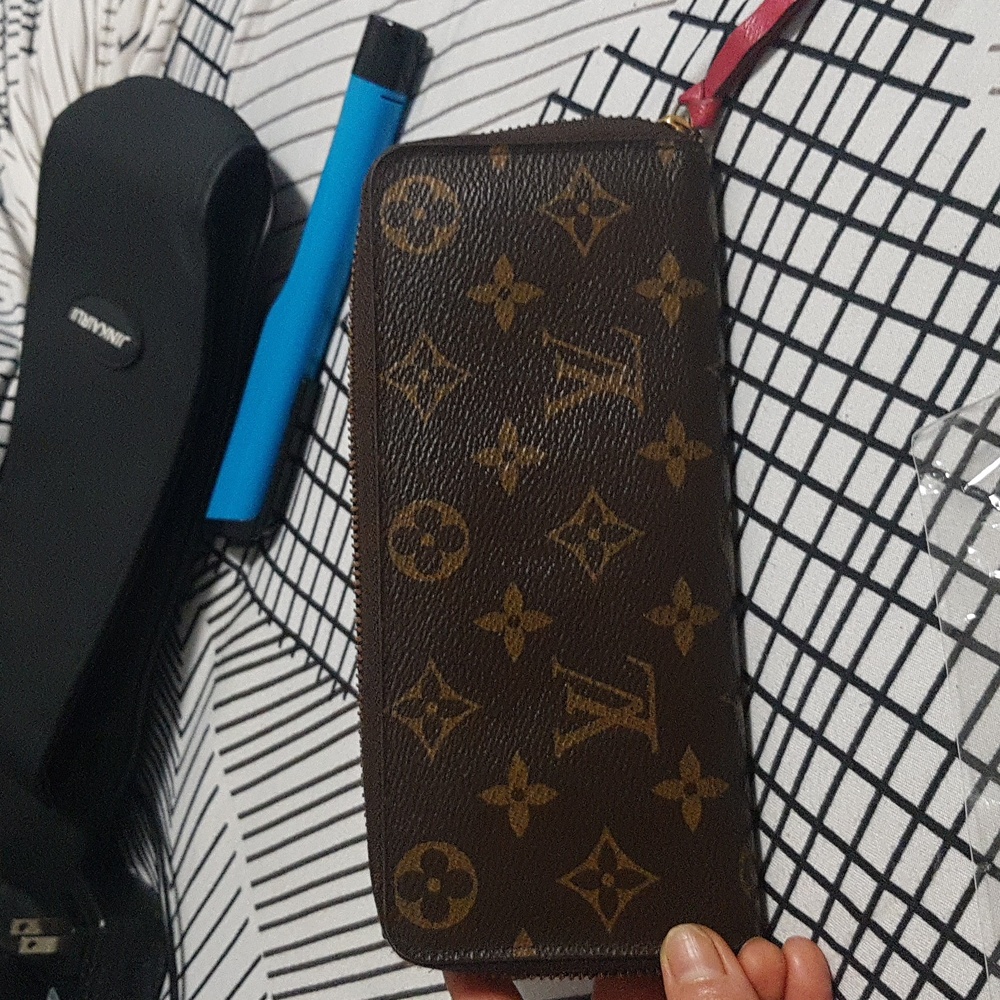 -SOLD-Louis Vuitton Brown Mono Portefeiulle Clemence Zip Around Long Red Inside